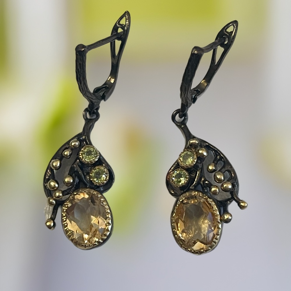 Vintage Oval Citrine 7x6mm Peridot Gems 925 Sterling Silver Drop Earrings 8g